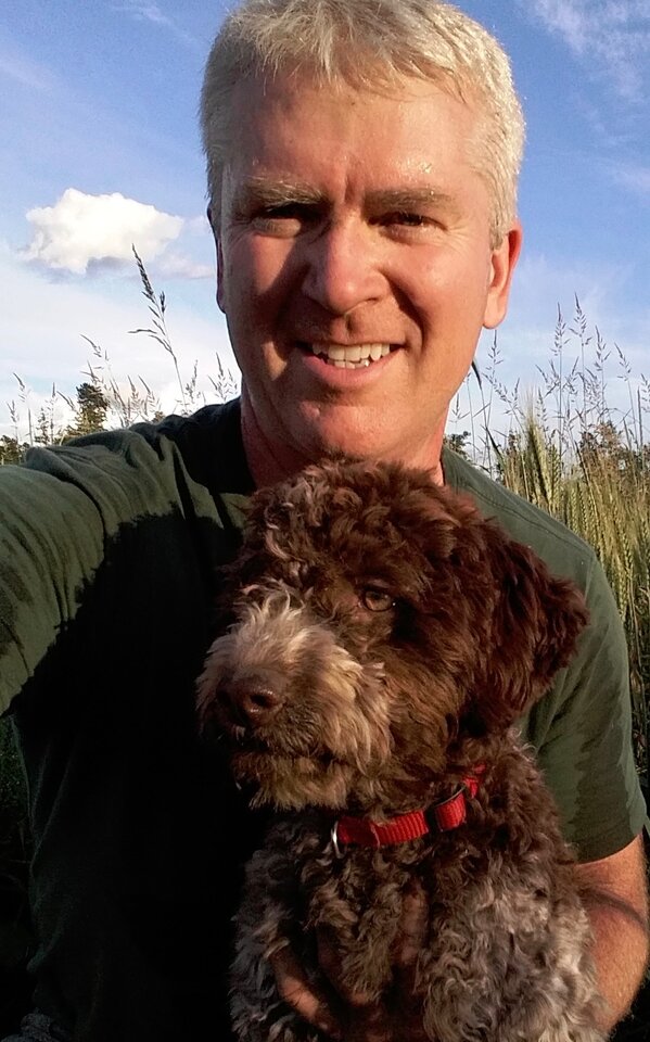 Mark Nelson with Mocha — Northwest Lagotto breeder, Lynden Washington
